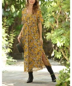 Ananda's Collection | Yellow Pom-Hem Empire-Waist Maxi Dress - Women -Ananda's Collection Shop zu89653570 alt 2 tm1601038617
