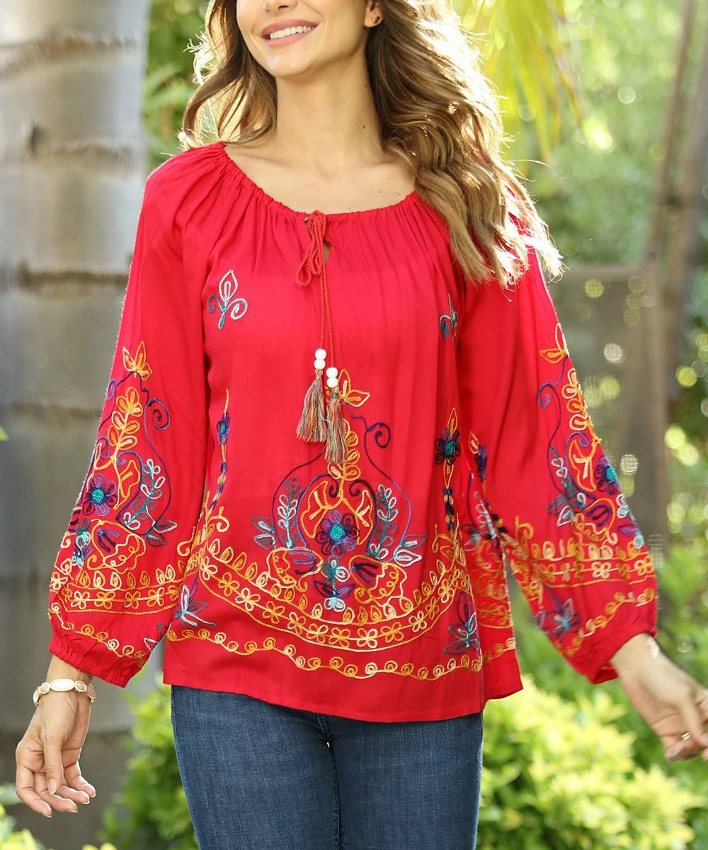 Ananda's Collection | Wine Embroidered Tassel-Accent Tunic - Women 7 Ananda's Collection | Wine Embroidered Tassel-Accent Tunic - Women - Image 5