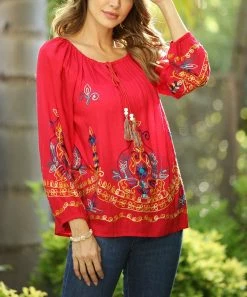 Ananda's Collection | Wine Embroidered Tassel-Accent Tunic - Women