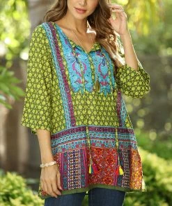 Ananda's Collection | Green Patchwork Three-Quarter Sleeve Tunic - Women