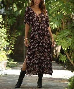 Ananda's Collection | Brown Pom-Hem Empire-Waist Maxi Dress - Women