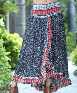 Ananda's Collection | Black & Red Paisley Floral Ruffle Maxi Skirt - Women