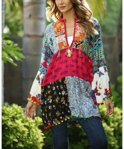 Ananda's Collection | Fuchsia & Blue Floral Patchwork Bell-Sleeve Peasant Tunic - Women -Ananda's Collection Shop zu90886069 alt 3 tm1605725686