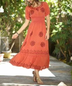 Ananda's Collection | Rust Floral Embroidered Smocked A-Line Dress - Women