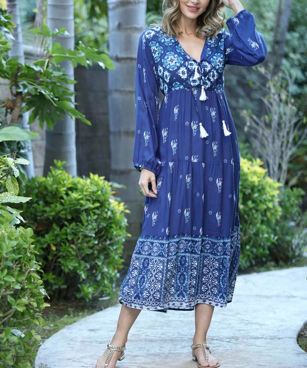 Ananda's Collection | Navy Scarf Print Tassel-Trim Long-Sleeve A-Line Dress - Women 6 Ananda's Collection | Navy Scarf Print Tassel-Trim Long-Sleeve A-Line Dress - Women - Image 4
