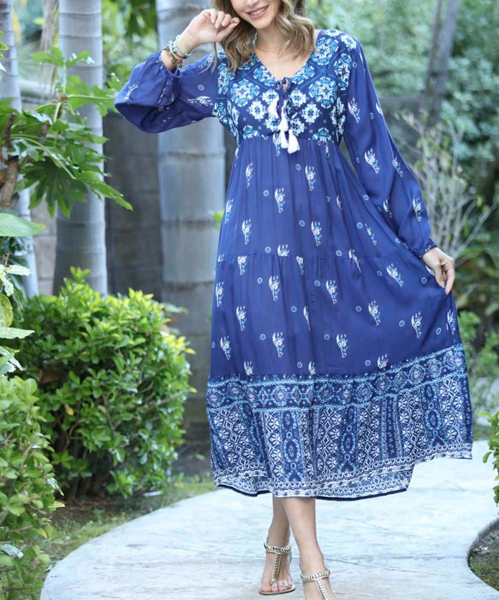 Ananda's Collection | Navy Scarf Print Tassel-Trim Long-Sleeve A-Line Dress - Women 3 Ananda's Collection | Navy Scarf Print Tassel-Trim Long-Sleeve A-Line Dress - Women