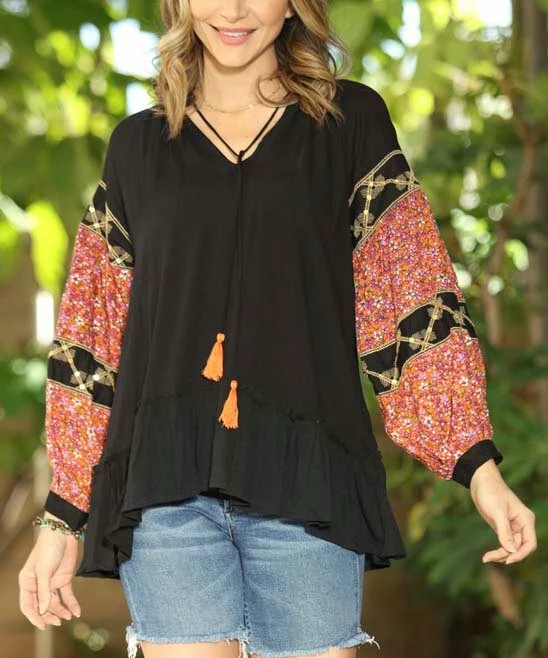 Ananda's Collection | Black & Coral Abstract Peasant Top - Women 4 Ananda's Collection | Black & Coral Abstract Peasant Top - Women - Image 2