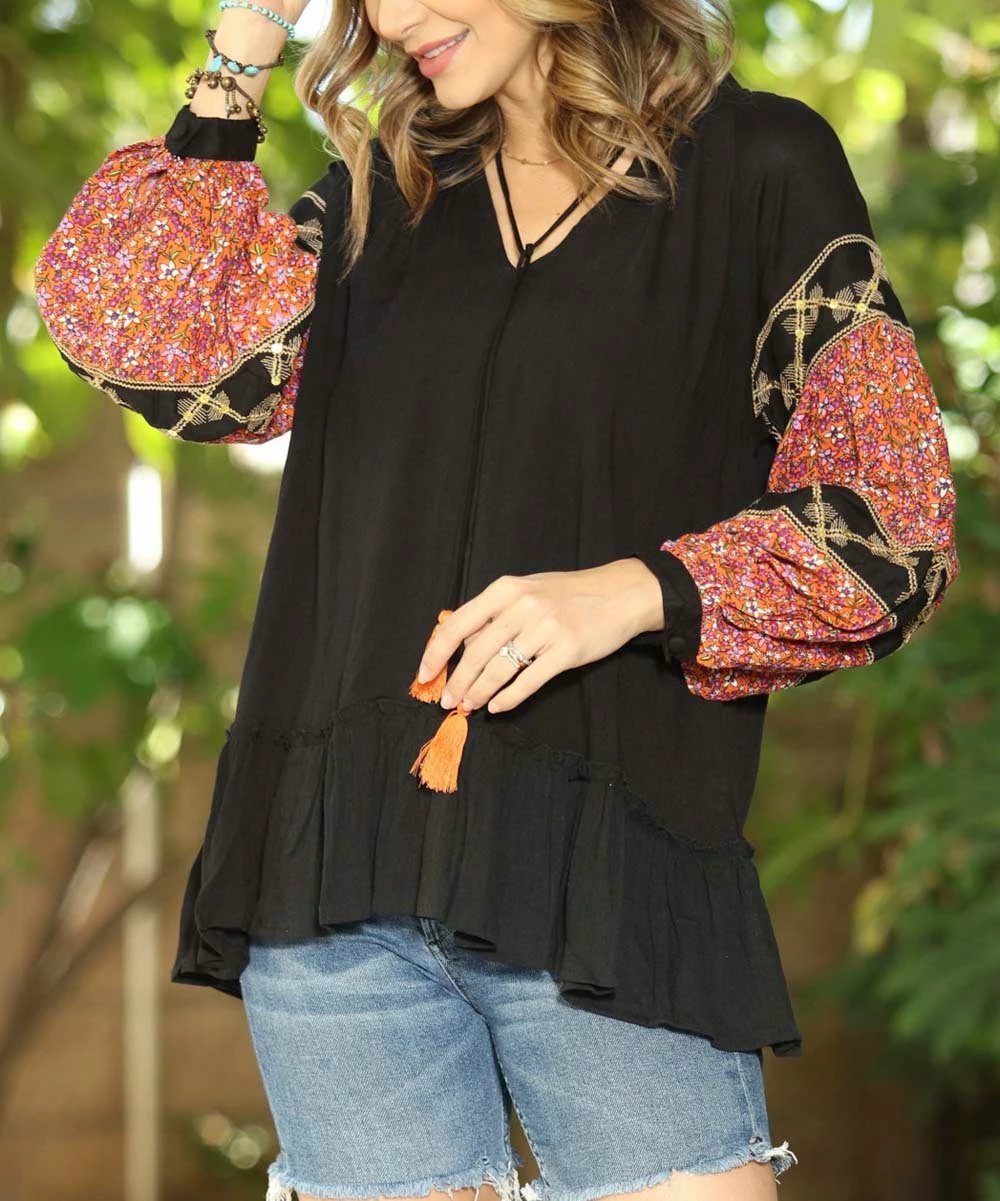 Ananda's Collection | Black & Coral Abstract Peasant Top - Women 3 Ananda's Collection | Black & Coral Abstract Peasant Top - Women