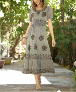 Ananda's Collection | Gray Floral Embroidered Smocked A-Line Dress - Women