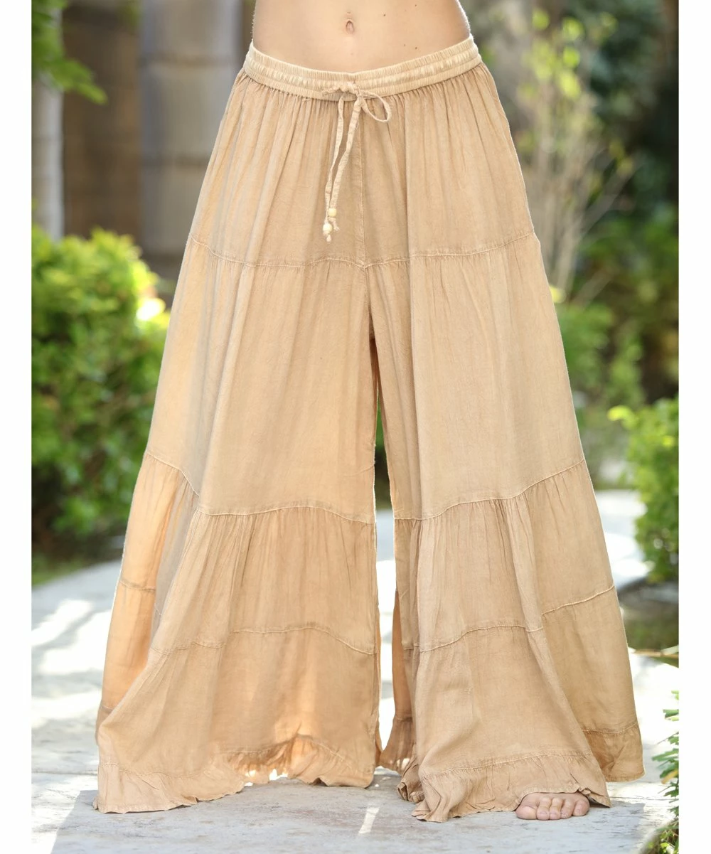 Ananda's Collection | Beige Tiered Tie-Waist Palazzo Pants - Women 5 Ananda's Collection | Beige Tiered Tie-Waist Palazzo Pants - Women - Image 3