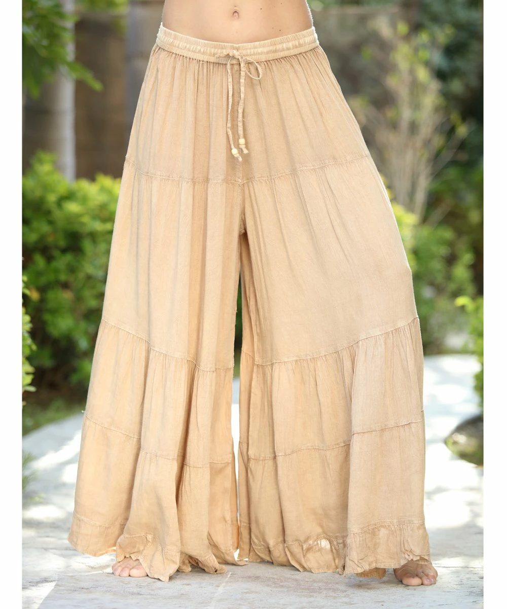 Ananda's Collection | Beige Tiered Tie-Waist Palazzo Pants - Women 3 Ananda's Collection | Beige Tiered Tie-Waist Palazzo Pants - Women