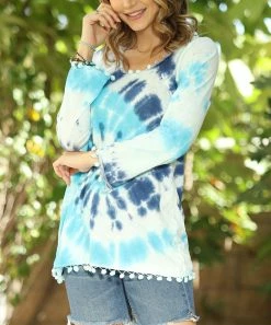 Ananda's Collection | Turquoise & Navy Tie-Dye Pom-Pom Hem Tunic - Women -Ananda's Collection Shop zu94952584 alt 1 tm1618315557