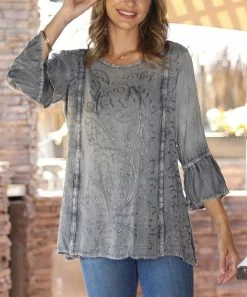Ananda's Collection | Gray Embroidered Bell-Sleeve Tunic - Women -Ananda's Collection Shop zu97030250 alt 2 tm1624386874