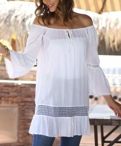 Ananda's Collection | White Tunic Lace-Accent Off-Shoulder Tunic - Women