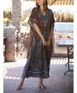 Ananda's Collection | Brown & Black Geometric Caftan - Women -Ananda's Collection Shop zu97625605 alt 2 tm1626874452