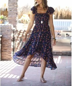 Ananda's Collection | Navy Floral Smocked Flutter-Sleeve Hi-Low Dress - Women -Ananda's Collection Shop zu97855627 alt 3 tm1626874452