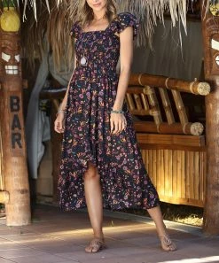 Ananda's Collection | Black Floral Smocked Flutter-Sleeve Hi-Low Dress - Women -Ananda's Collection Shop zu97863635 alt 4 tm1626874452